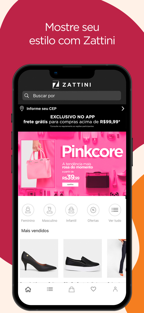 Zattini: ofertas de roupas - Tela inicial do aplicativo móvel da Zattini com categorias de moda e banner de tendência pinkcore.