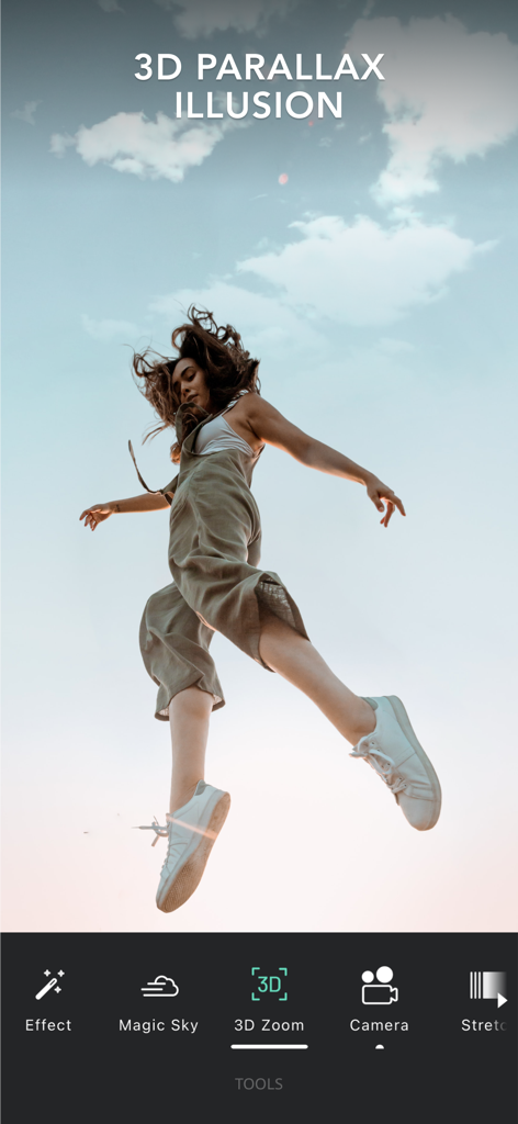 VIMAGE app interface showing a 3D parallax illusion effect applied to a photo of a woman jumping