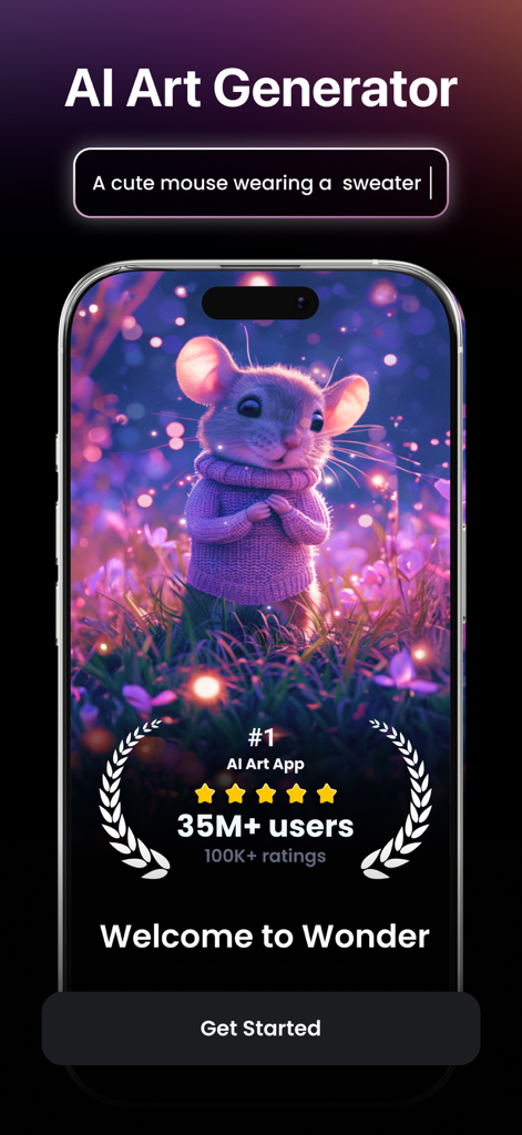 Interface de l'application Wonder AI Art Generator affichant une jolie souris dans un pull générée à partir d'une invite textuelle