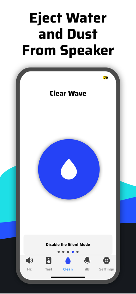 The Clear Wave app interface showing the speaker cleaning feature with a water drop icon.