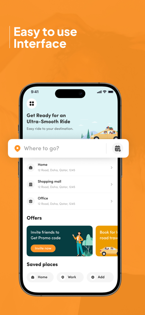 Ryde: Request affordable rides - Pantalla de inicio de la aplicación móvil Ryde mostrando la barra de búsqueda de destino y lugares guardados para una fácil reserva de viajes.