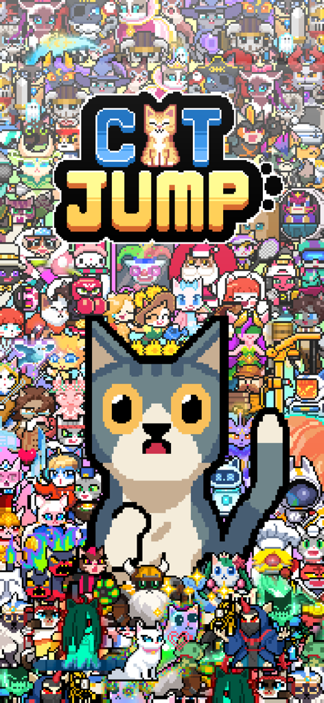 Cat Jump (Global) - モバイルゲームCat Jumpの様々なカラフルなピクセルアートの猫キャラクターのコラージュ