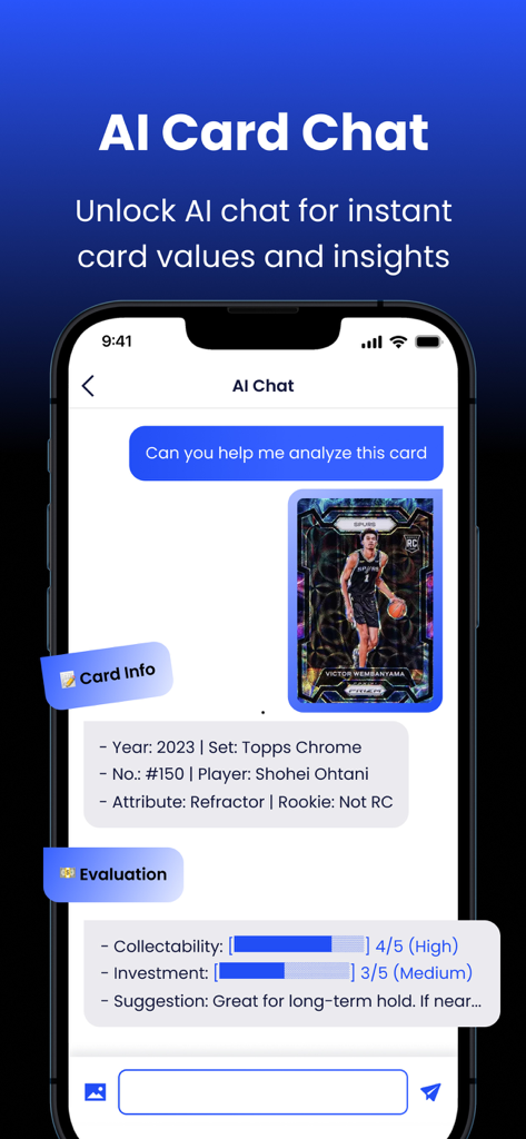 CardX AI chat interface providing sports card value and investment insights