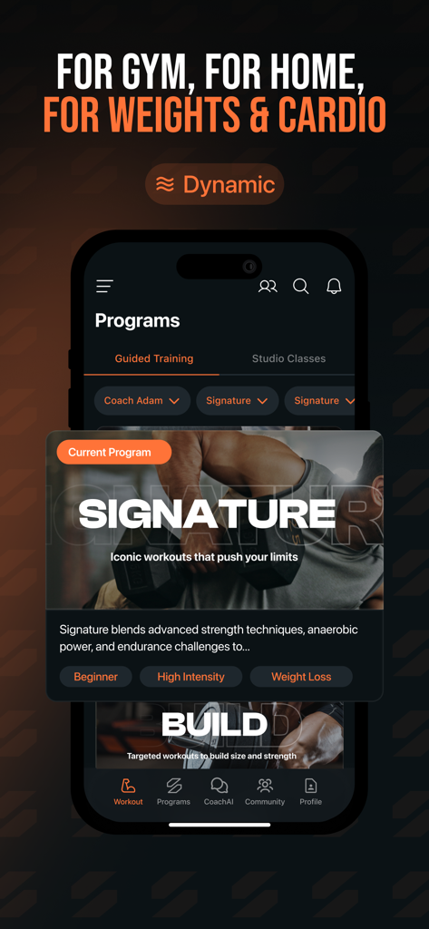 SHRED: Gym & Home Workouts - Benutzeroberfläche der SHRED-Fitness-App, die verschiedene Trainingsprogramme für das Fitnessstudio und zu Hause anzeigt