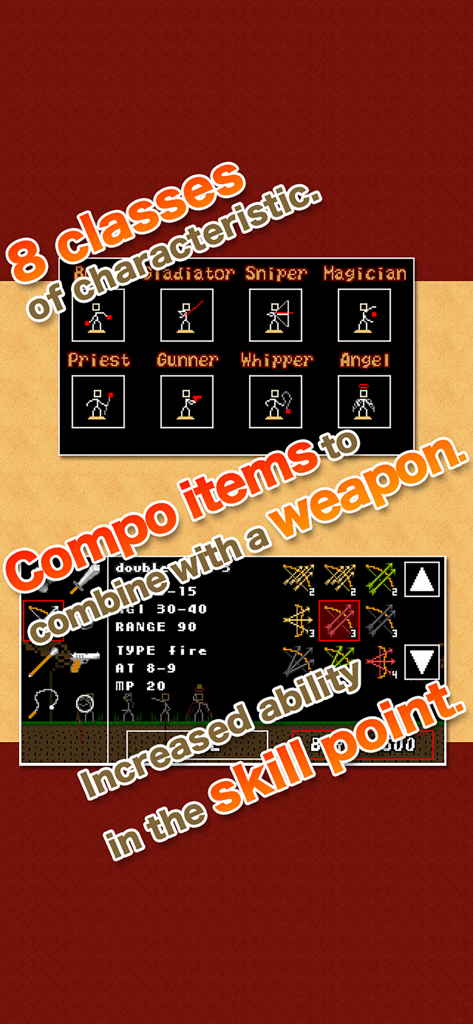 Stick Ranger game interface showing character classes and item crafting mechanics.