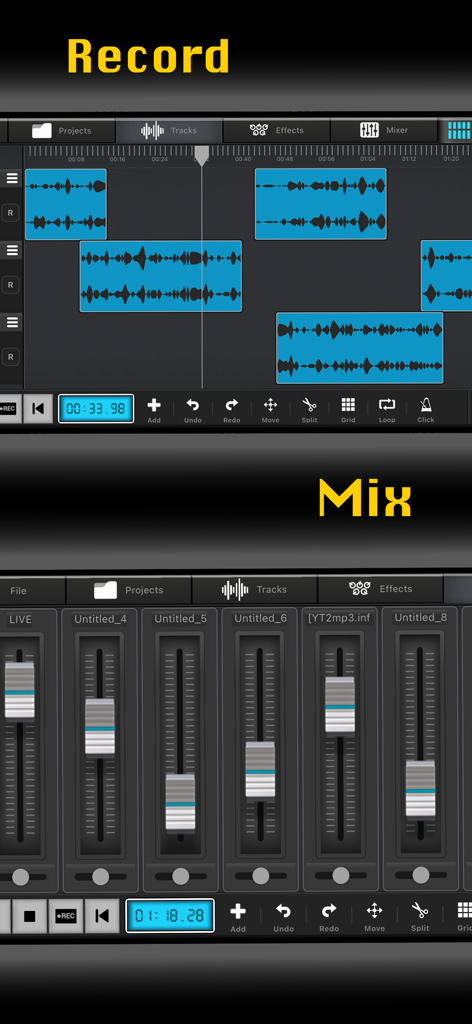 Interfaz de la aplicación Audio Elements mostrando grabación multipista y controles de mezclador de audio profesional