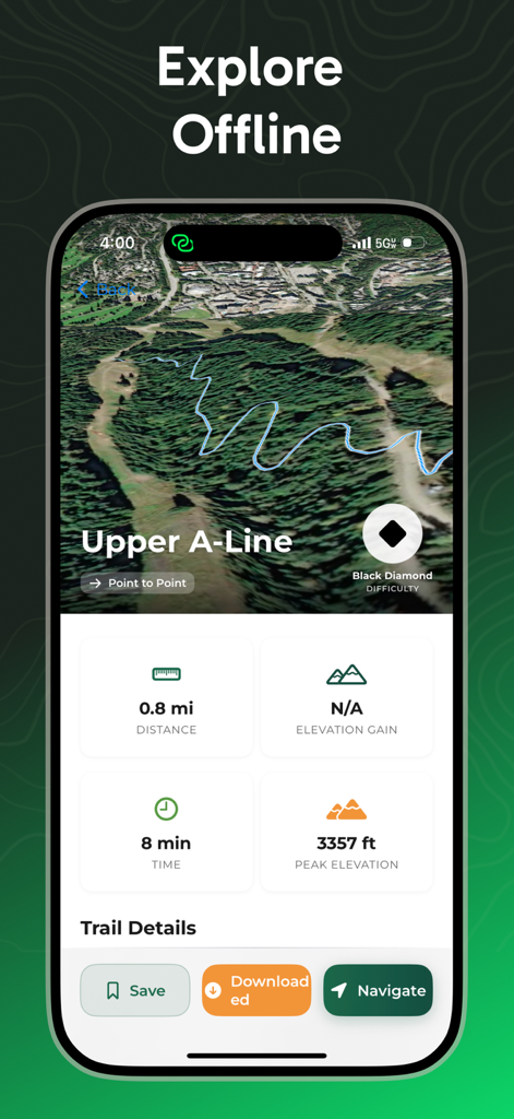 RidePal - Find Trails, Compete - RidePal app screenshot showing offline trail navigation for Upper A-Line mountain bike trail with stats for distance and elevation