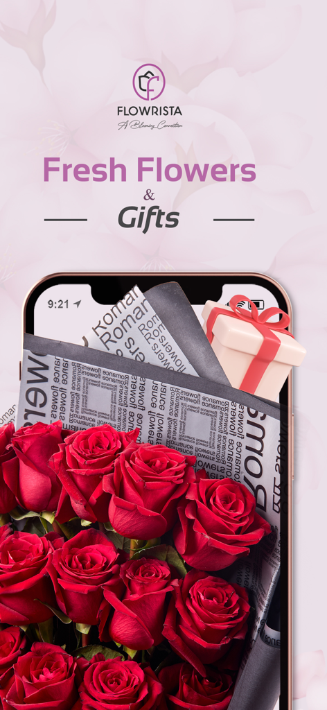 Flowrista  Flowers & Gifts - A smartphone screen showing a bouquet of red roses and a gift box for the Flowrista flower and gift delivery service.