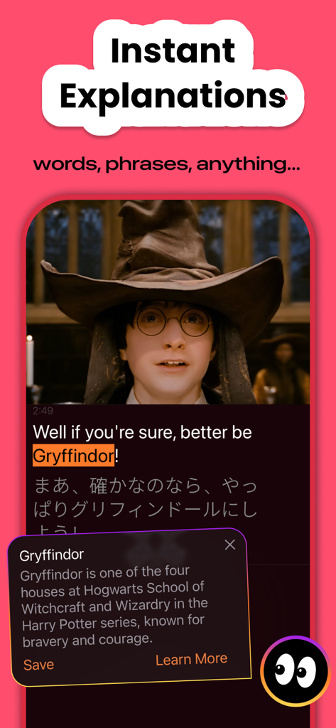 Language Reactor - PlayLingo - Language Reactor PlayLingo app interface showing an instant AI explanation for a word in a movie scene with bilingual subtitles