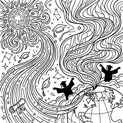Embark on an inspiring coloring journey blending the majestic power of solar wind auroras with the joyous triumph of graduation day. This unique design celebrates academic milestones and the vibrant, limitless future that awaits.