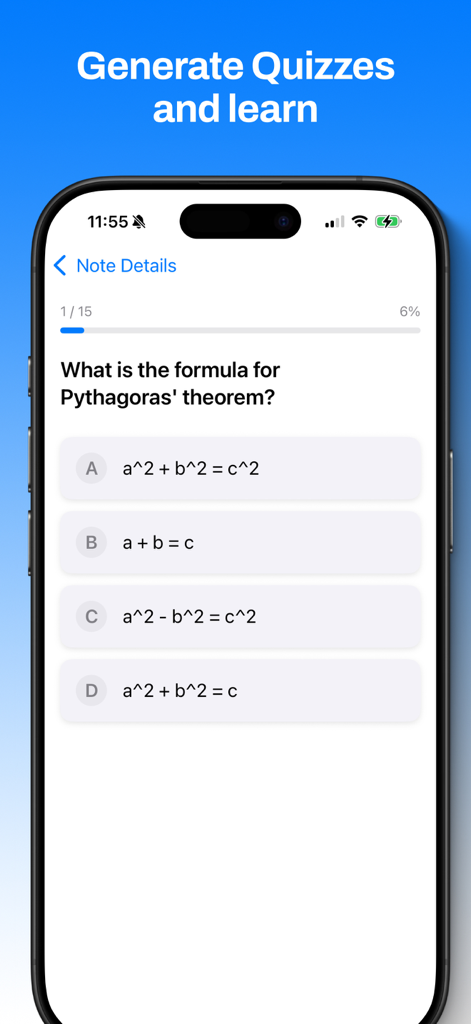 AI Note Taker: Voice Summary - Pantalla de smartphone mostrando un cuestionario interactivo de opción múltiple generado por IA con una pregunta sobre el teorema de Pitágoras.