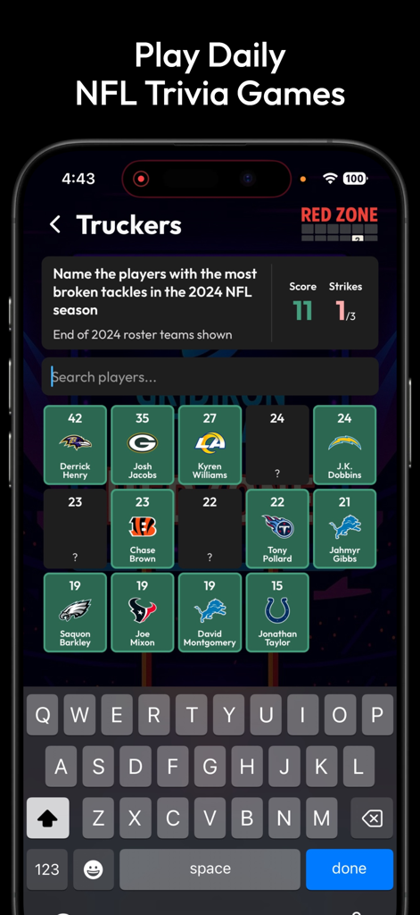 A mobile screenshot of the RedZone trivia game in the Gridiron Trivia app showing a grid of NFL players with high broken tackle stats