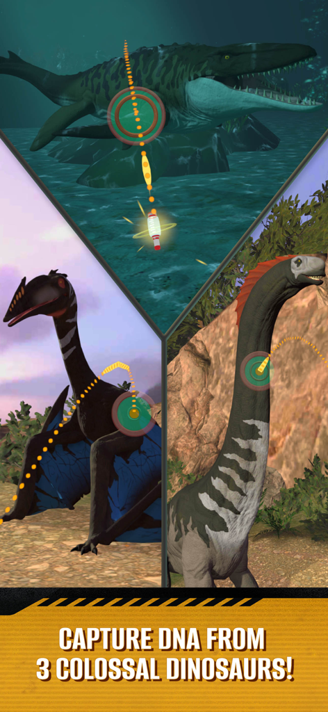 A collage of three dinosaurs in different environments showing the DNA capture mission gameplay in Jurassic World Play