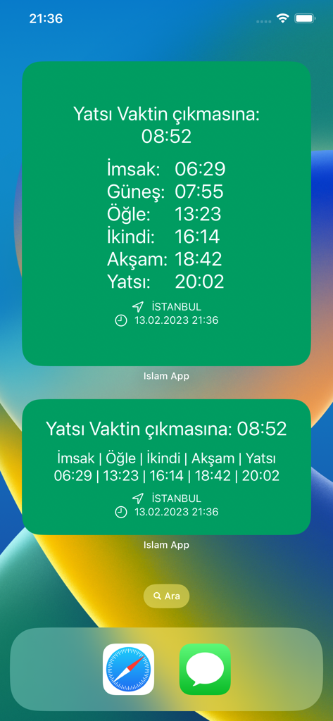 Deux widgets iOS verts pour l'application Islam montrant les horaires de prière quotidiens en turc.