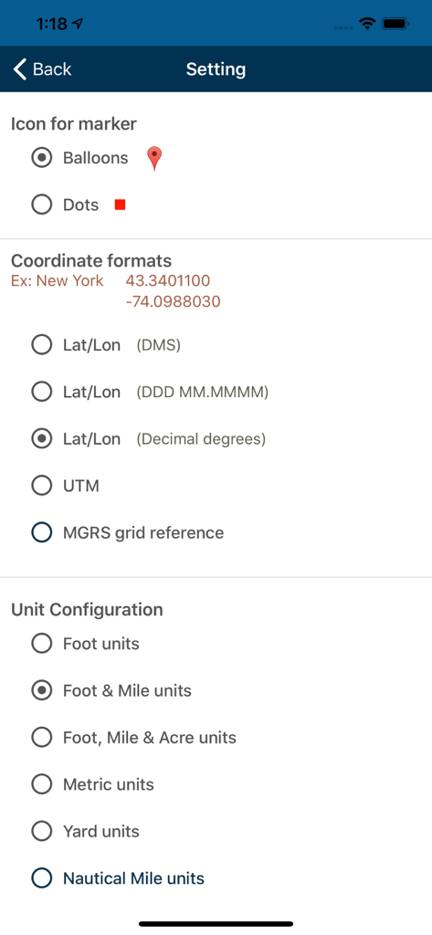 Measure Map app settings screen showing configuration options for marker icons, coordinate formats including UTM and MGRS, and measurement unit types.