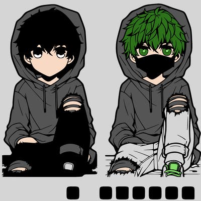 a male hoodie ripped jeans and messy hair anime