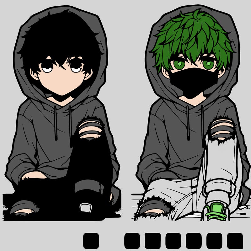 a male hoodie ripped jeans and messy hair anime