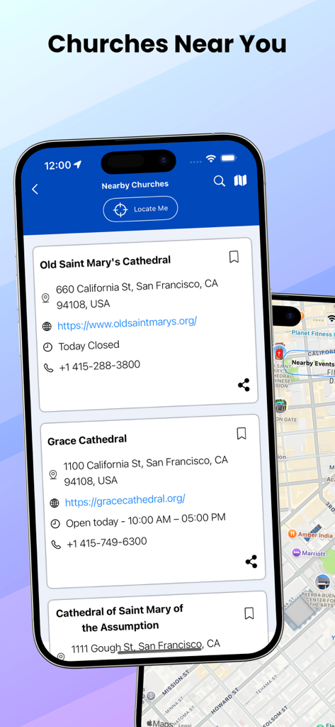 Farsi Bible (Persian Bible) - Interface of the Farsi Bible app showing a list of nearby churches in San Francisco with contact details