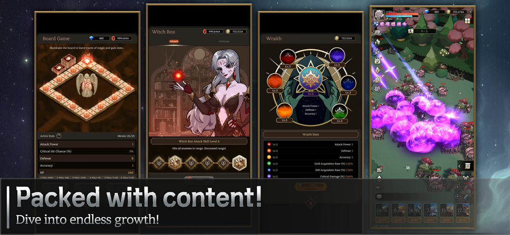 Ash N Veil : Fast Idle Action - A compilation of game screens from Ash N Veil showing character progression menus and magical action combat.