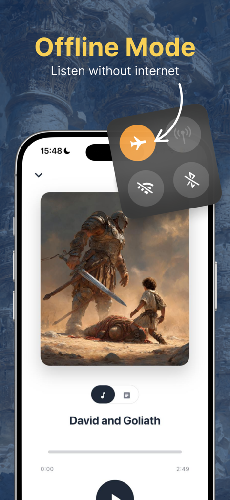 Audio Bible Stories & Chat - An iPhone displaying the BibleNow app playing an audio story of David and Goliath in offline mode with airplane mode enabled.