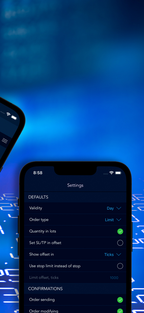 Tradoverse-App-Einstellungen, die Standardeinstellungen für Handelsaufträge und Bestätigungen anzeigen