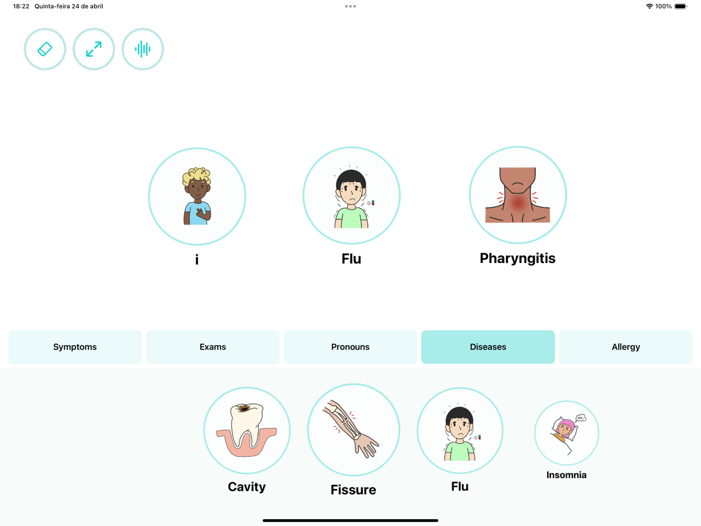 EasyTalk - Assistive Speech - iPad app interface for EasyTalk showing medical pictograms under the diseases category for patients with speech limitations.