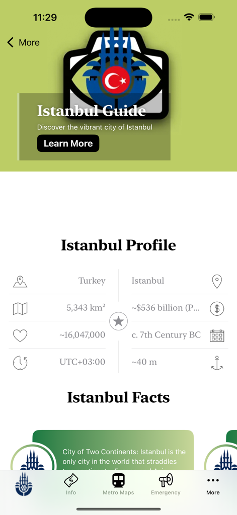 Schermata del profilo della città di Istanbul che mostra la popolazione, l'area e i fatti storici