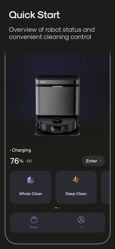 Panel de la app eureka robot mostrando el estado de carga de la aspiradora y los modos de limpieza