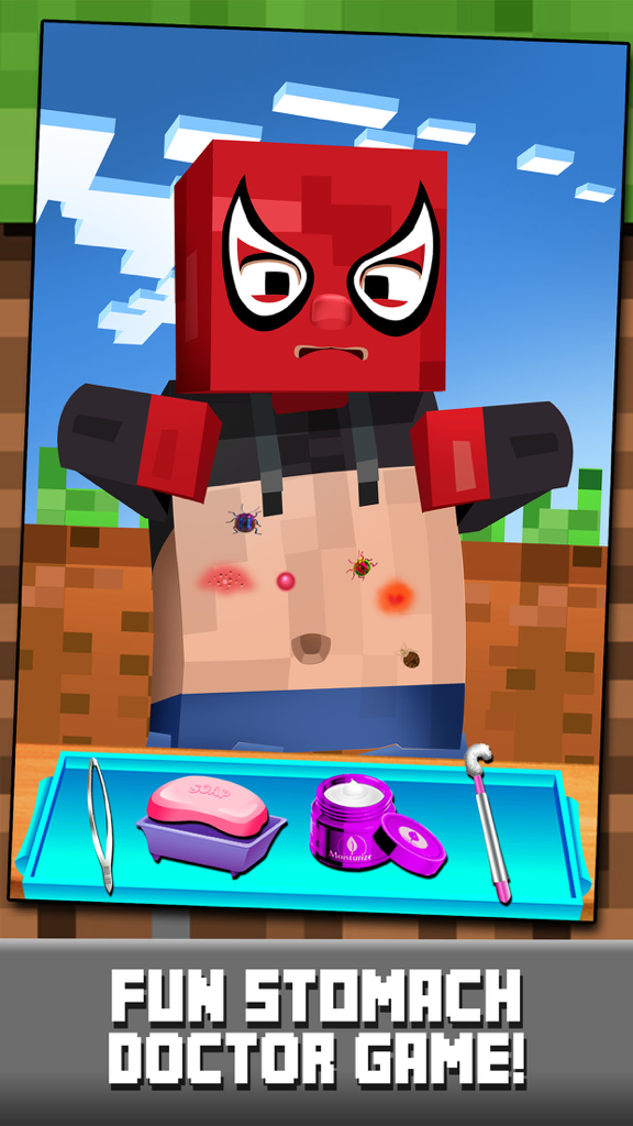 Block Doctor's Hospital Craft Salon - Pocket Mine Edition - Personnage de super-héros cubique dans un jeu de simulation de gastro-entérologue avec des outils médicaux