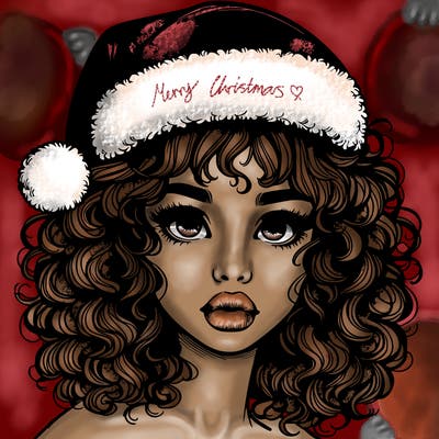 realistic girl with a santa hat curly hair and lips