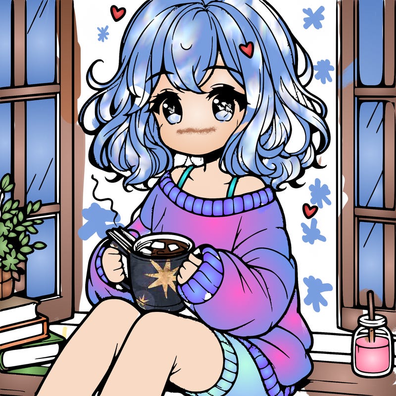 cute anime girl reading book and drinking hot chocolate from mug with loose wavy hair wearing a baggy sweatshirt and shorts sitting by windowsill looking out