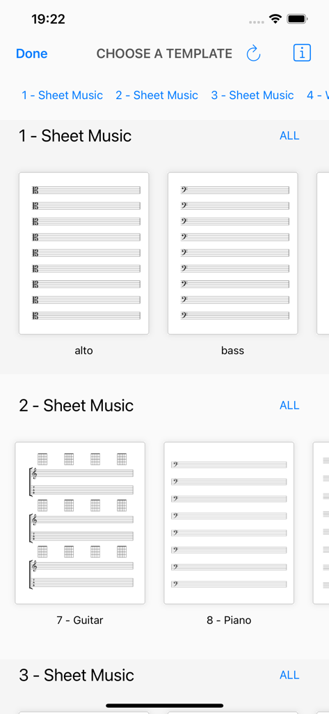 Sheet Music - Composer,Scanner - Una pantalla que muestra varias plantillas de partituras en blanco para diferentes instrumentos