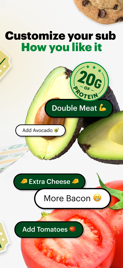Subway app screen showing customization options like double meat and fresh vegetables