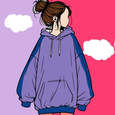 realistic girl with a oversized sweatshirt on and a bun