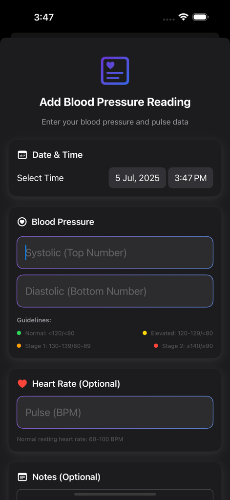 Daily Blood Pressure Log - 毎日の血圧記録アプリで血圧と心拍数データを記録するためのインターフェース
