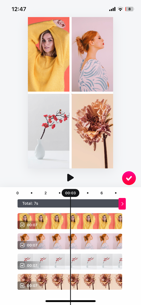 Interface d'édition de collage vidéo multipiste dans l'application Layout pour Instagram montrant une mise en page à quatre cadres et une chronologie.
