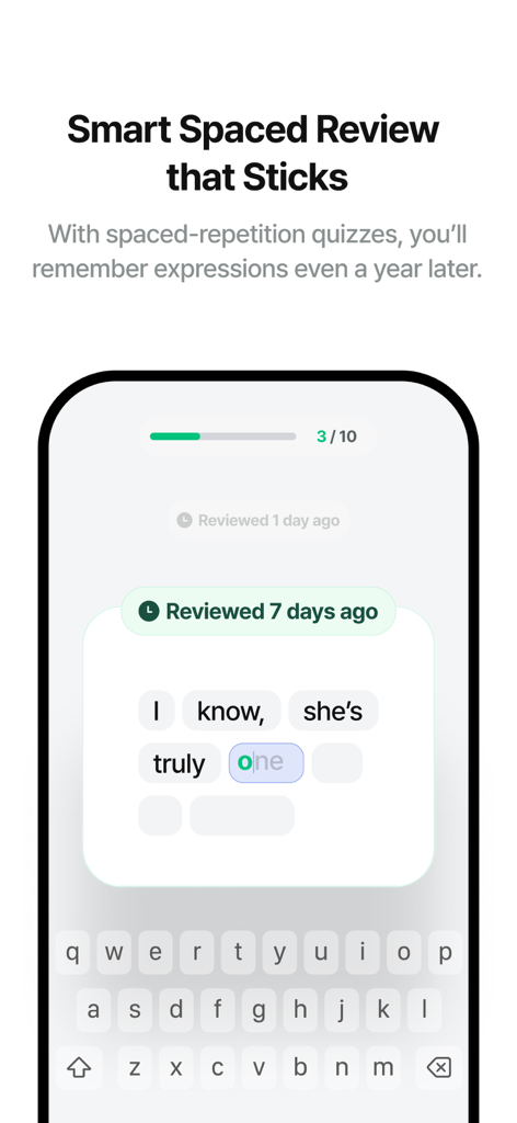 Langflixスマート間隔復習クイズインターフェース。英語表現の練習を表示。