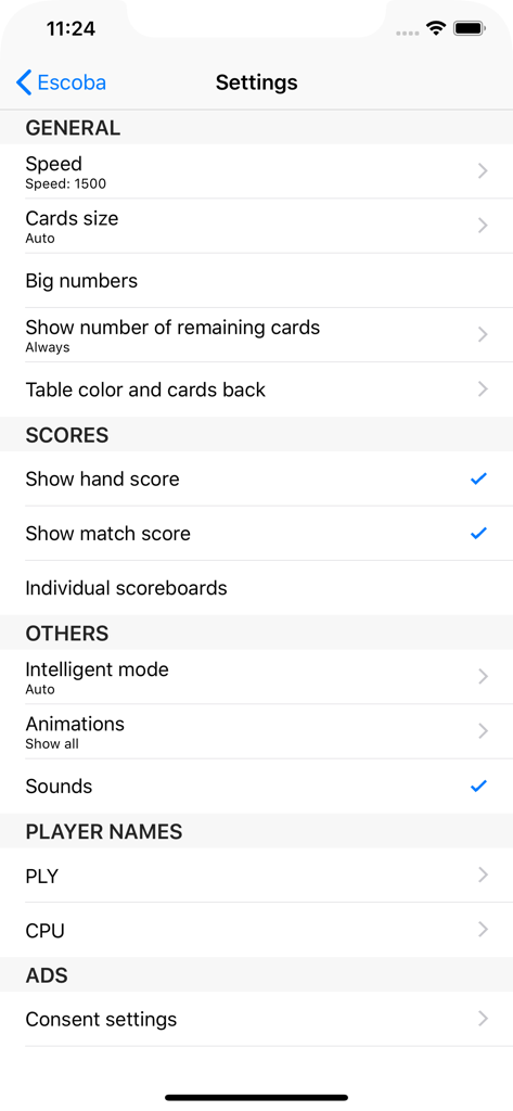 Menú de ajustes de la aplicación iEscoba mostrando opciones para el tamaño de las cartas, números grandes y puntuaciones.