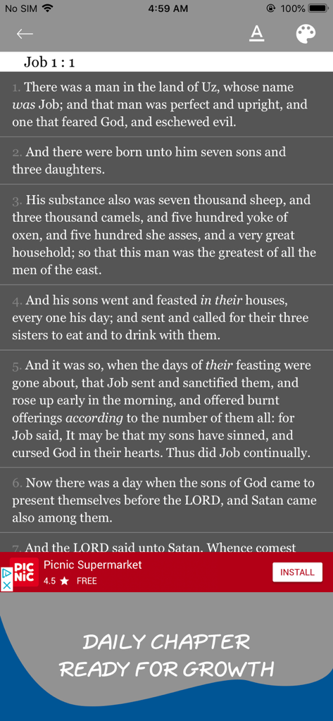 Torrey's Topical Bible Offline - Interface de lecture de la Bible montrant le chapitre 1 de Job dans une présentation traditionnelle