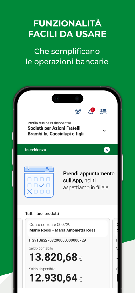 Interfaz de la aplicación móvil RelaxBanking en un iPhone mostrando el saldo de la cuenta y los servicios bancarios.