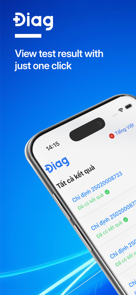 DIAG - DIAG app interface displaying medical test results with a one-click access feature