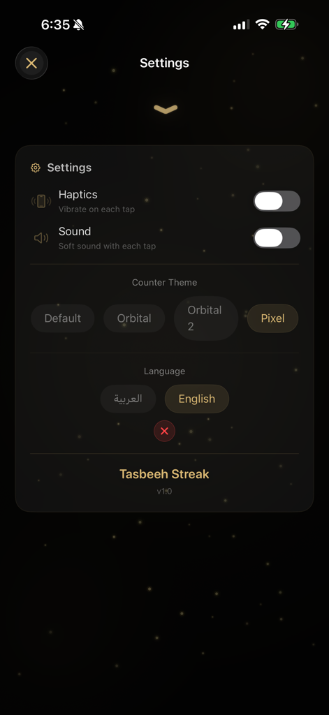 Tasbeeh Streak - The settings screen of the Tasbeeh Streak app displaying options for haptics sound themes and language selection