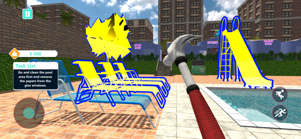 Water Park Supervisor Sim Game - Jugabilidad en primera persona de un simulador de parque acuático con tareas de reparación y gestión del área de la piscina.