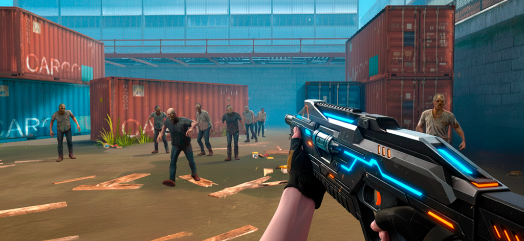 Vue à la première personne d'un joueur visant une arme futuriste sur un groupe de zombies dans une cour de conteneurs d'expédition.