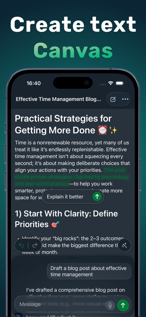 Smartphone screen of Xenova AI app drafting a blog post using its text canvas feature