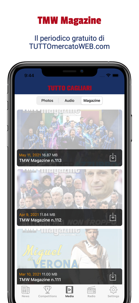 Tutto Cagliari - Interfaz de la aplicación Tutto Cagliari mostrando la sección TMW Magazine con números digitales descargables.