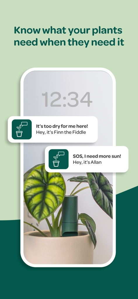 Plant with Willow - Plant with Willow app interface showing real-time notifications for watering and sunlight needs