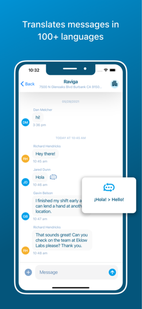 Swept Mobile - A screenshot of the Swept Mobile app showing a multilingual chat interface with an auto-translation feature translating Spanish to English.