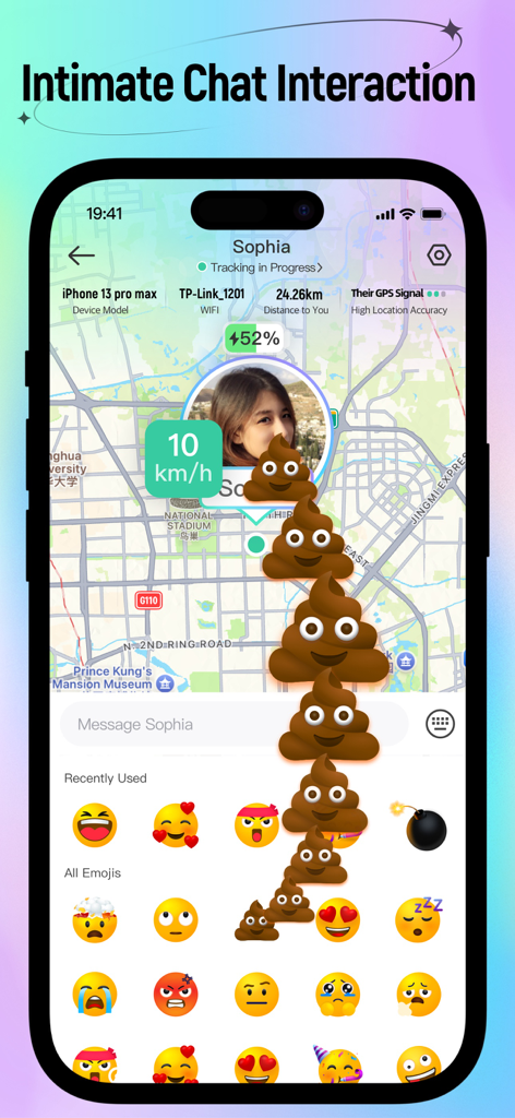 SeekU-Find My Friends,Family - SeekUアプリのインターフェース、マップ上のリアルタイム位置情報追跡と絵文字を含むIntimate Chat Interaction機能を表示