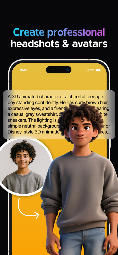 Oberfläche einer KI-App, die ein echtes Foto eines Jungen zeigt, der basierend auf einer Textaufforderung in einen 3D-animierten Charakter-Avatar verwandelt wird